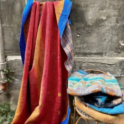 Kantha Indien Vintage Quilté Du Rajasthan - Tons Chauds Et Petits Carreaux