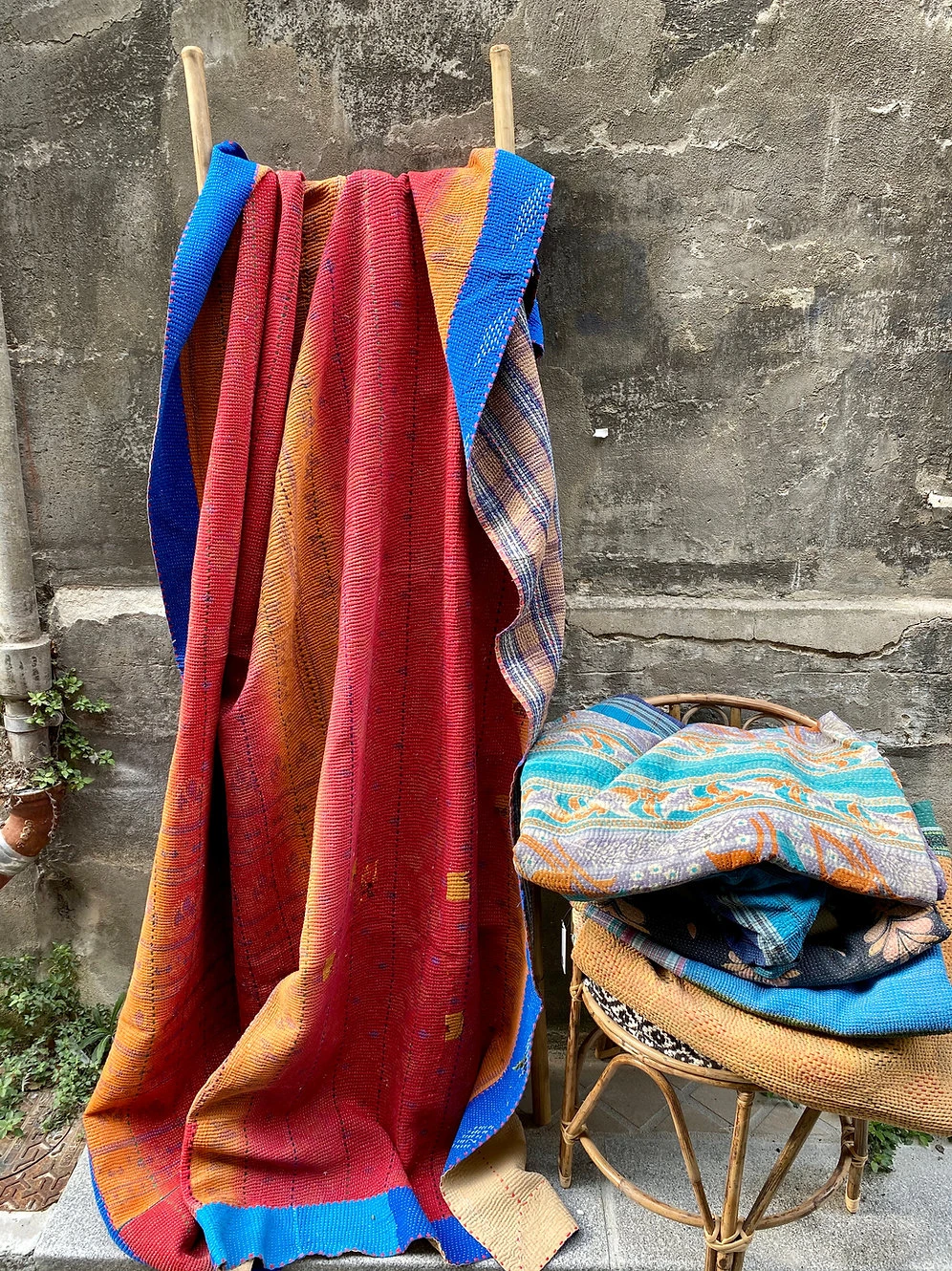 Kantha Indien Vintage Quilté Du Rajasthan - Tons Chauds Et Petits Carreaux