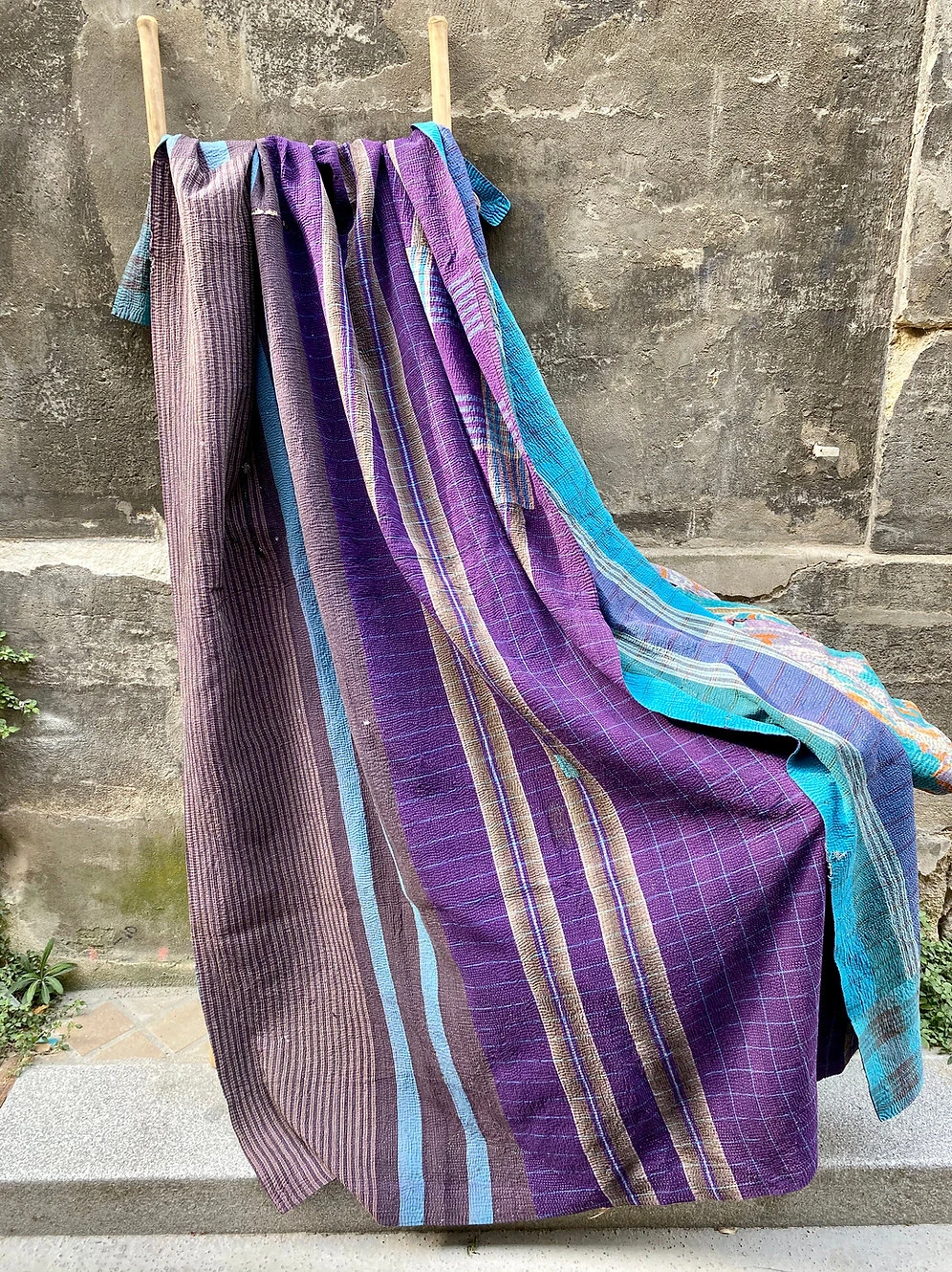 Kantha Indien Vintage Quilté Du Rajasthan - Longhi Violet Et Bleu