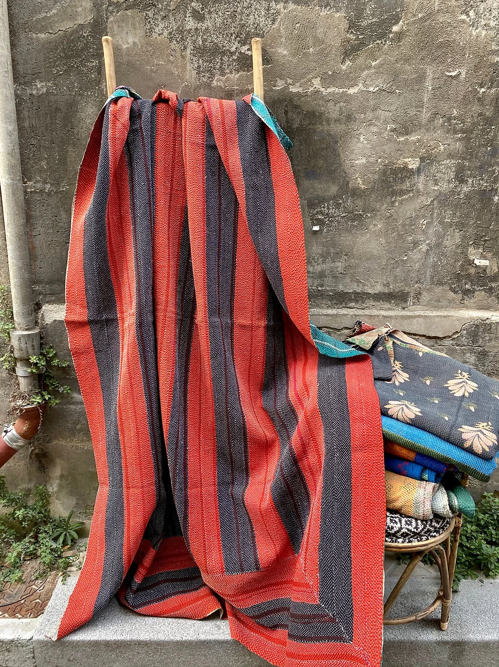 Kantha Indien Vintage Quilté Du Rajasthan - Noir Et Rouge